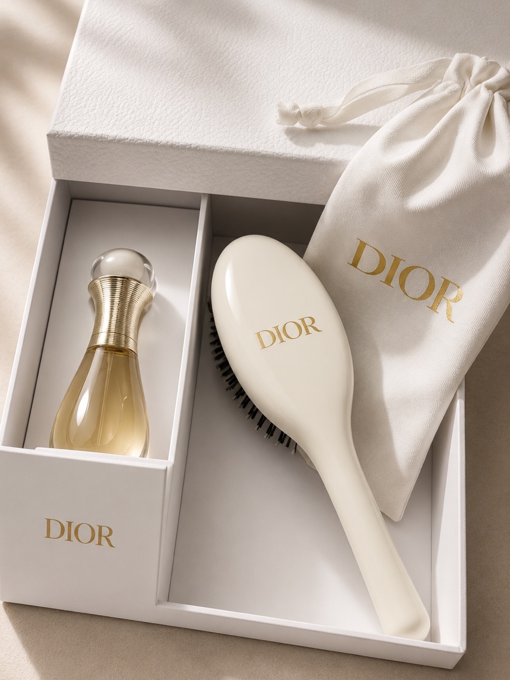 Dior Hair Brush Gift Set w/ Dior Bottle, Dust Bag & Box White Gold